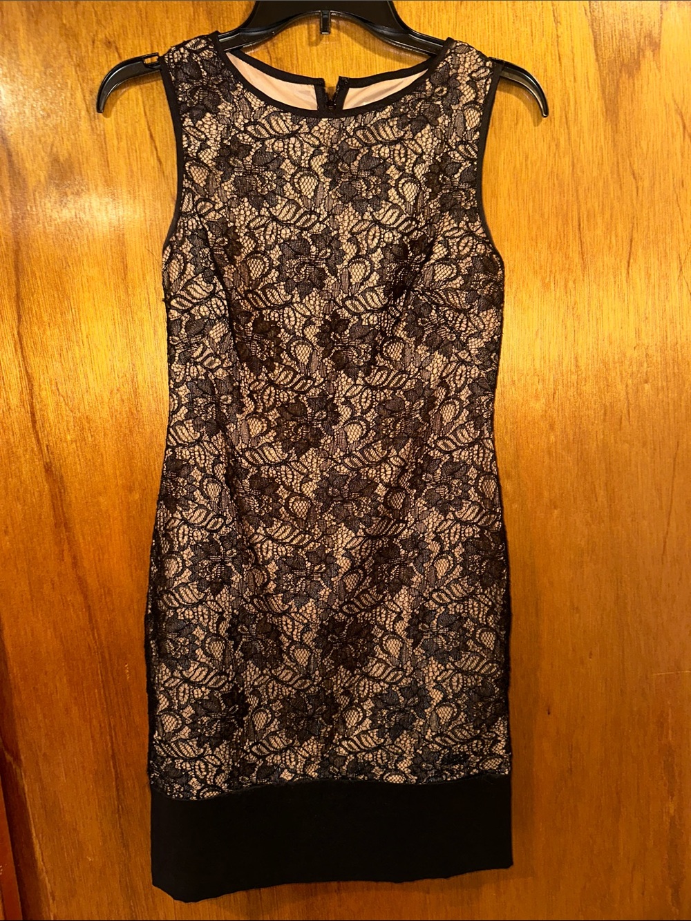 Cache Sleeveless Black Lace Mini Dress with Nude Underlay